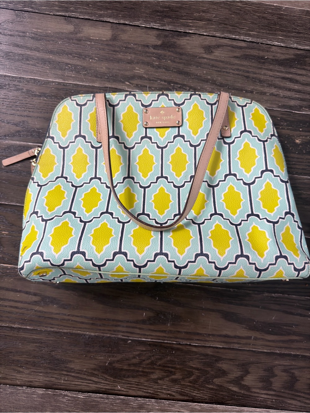 kate spade Yellow and Aqua Geometric Tote with Tan Handles